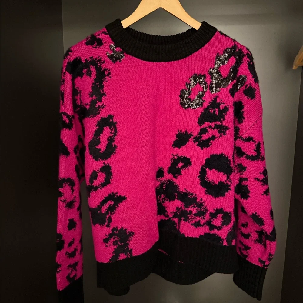 DKNY Vibrant Pink and Black Patterned Sweater - Picture 1 of 3